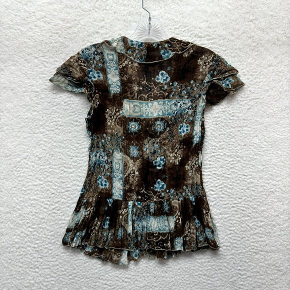 Y2K Vintage Dressbarn Boho Grunge Blouse S Small Blue Brown Pattern Mesh Ruffle - Picture 2 of 7